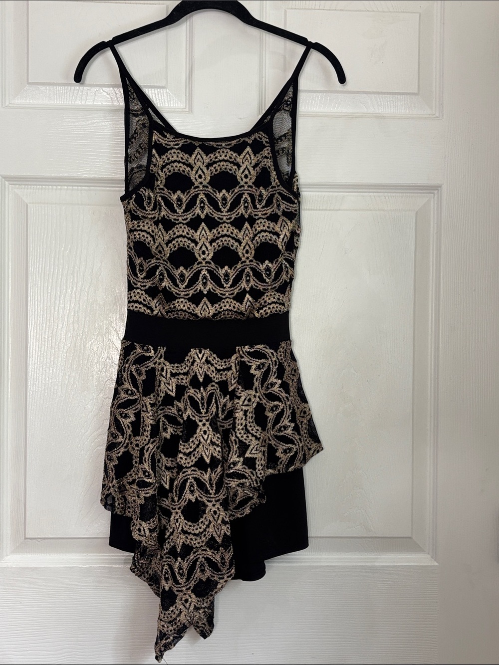Y2K Hanky Hem Romper black gold lace overlay sheer back size Large slinky shorts